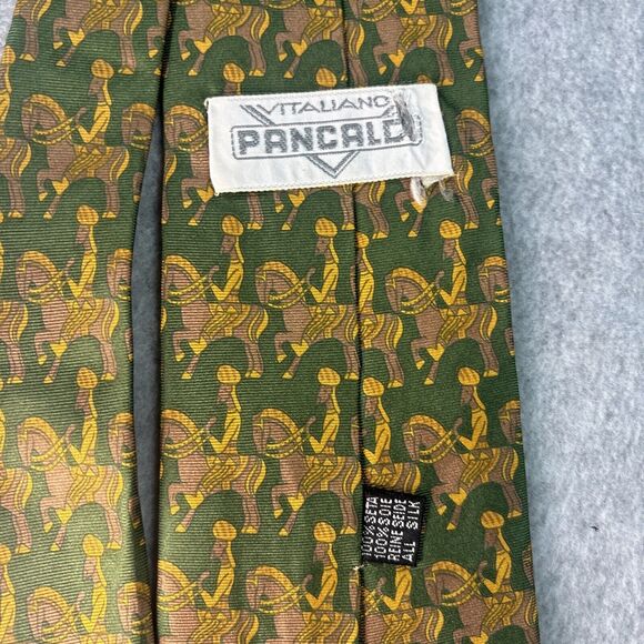 Vintage Vitaliano Pancaldi Tie Green Gold Yellow Men On Horseback Geometric - Picture 4 of 7